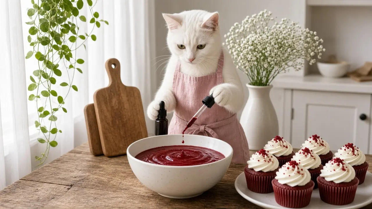 A cream-coloured cat in a pink apron, cooking this dish
