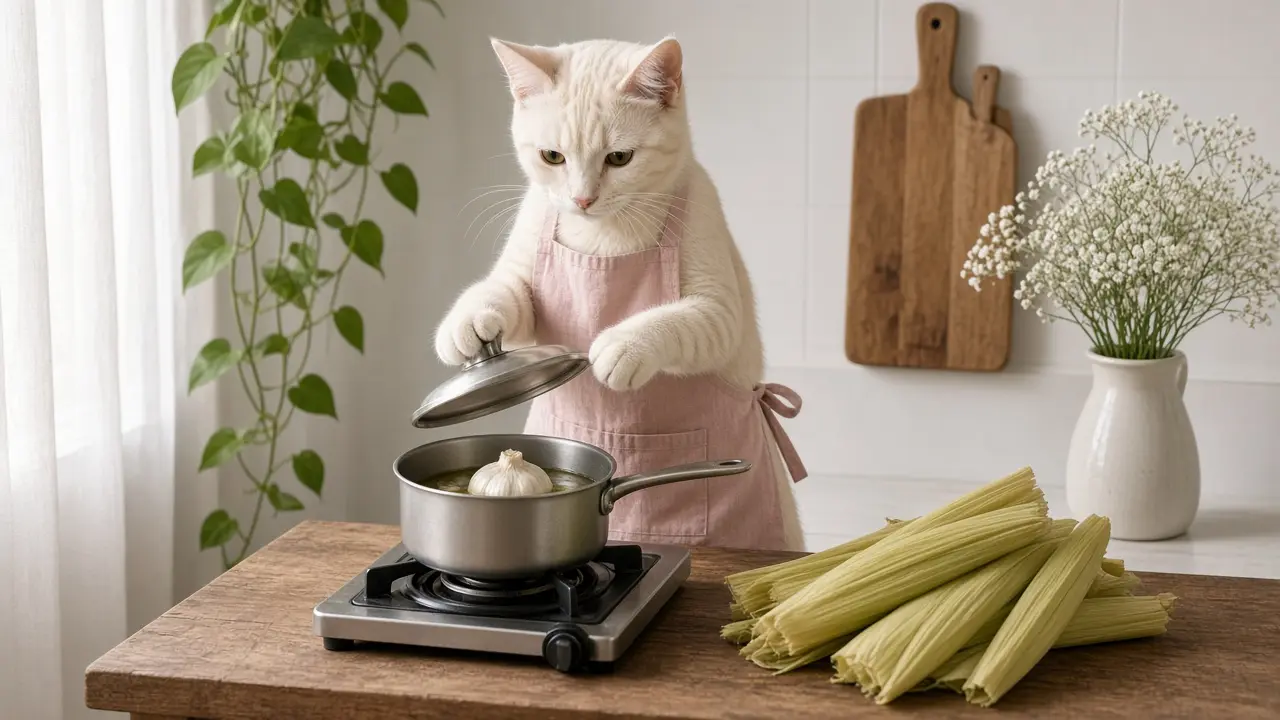 A cream-coloured cat in a pink apron, cooking this dish
