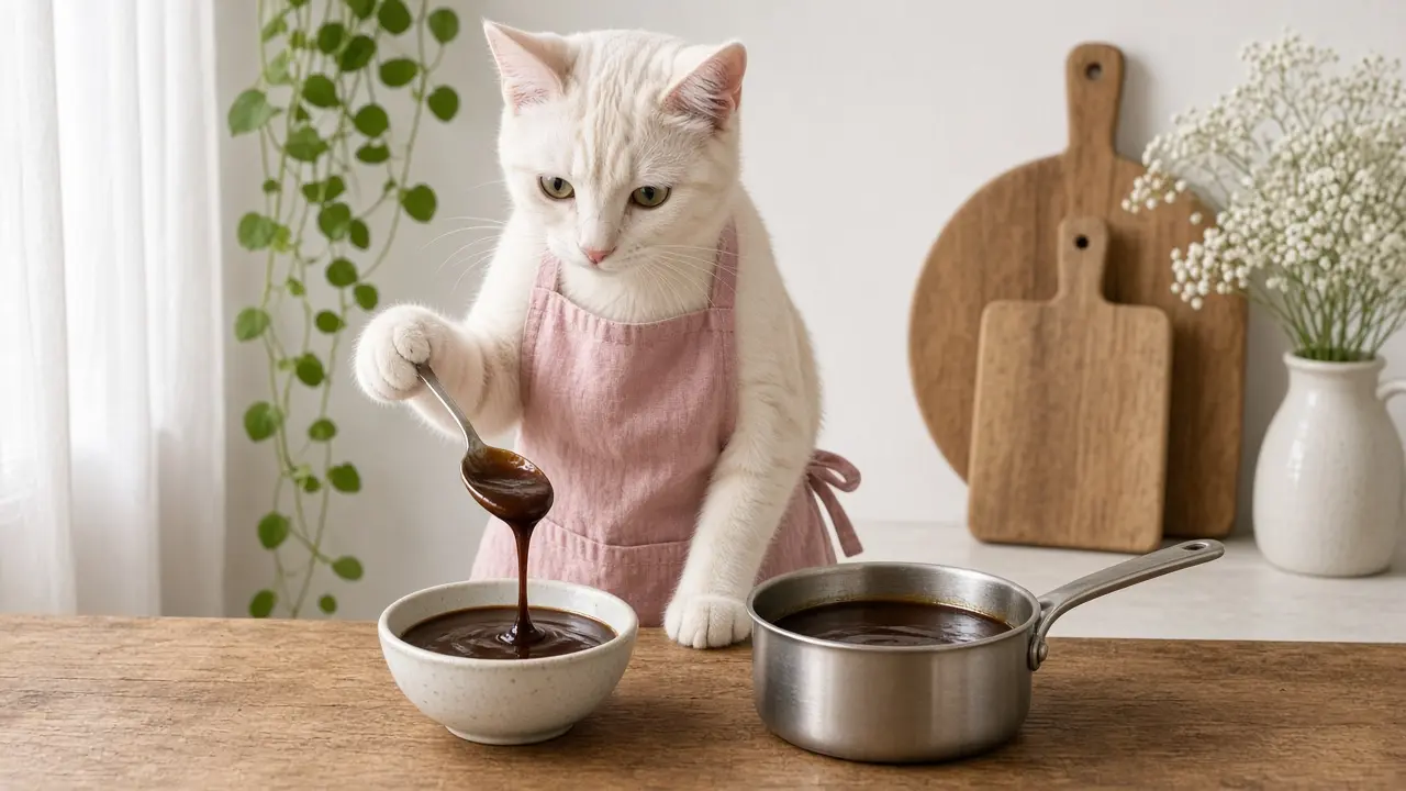 A cream-coloured cat in a pink apron, cooking this dish