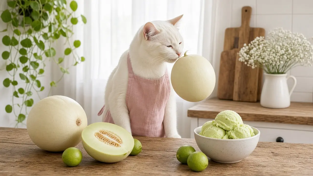A cream-coloured cat in a pink apron, cooking this dish