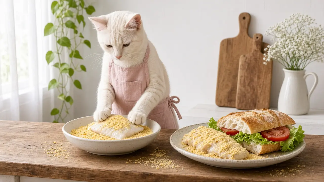 A cream-coloured cat in a pink apron, cooking this dish