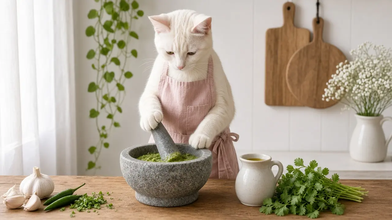 A cream-coloured cat in a pink apron, cooking this dish