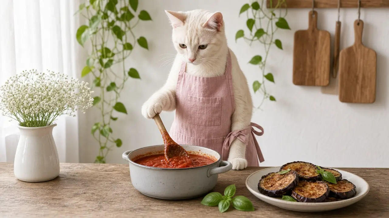 A cream-coloured cat in a pink apron, cooking this dish