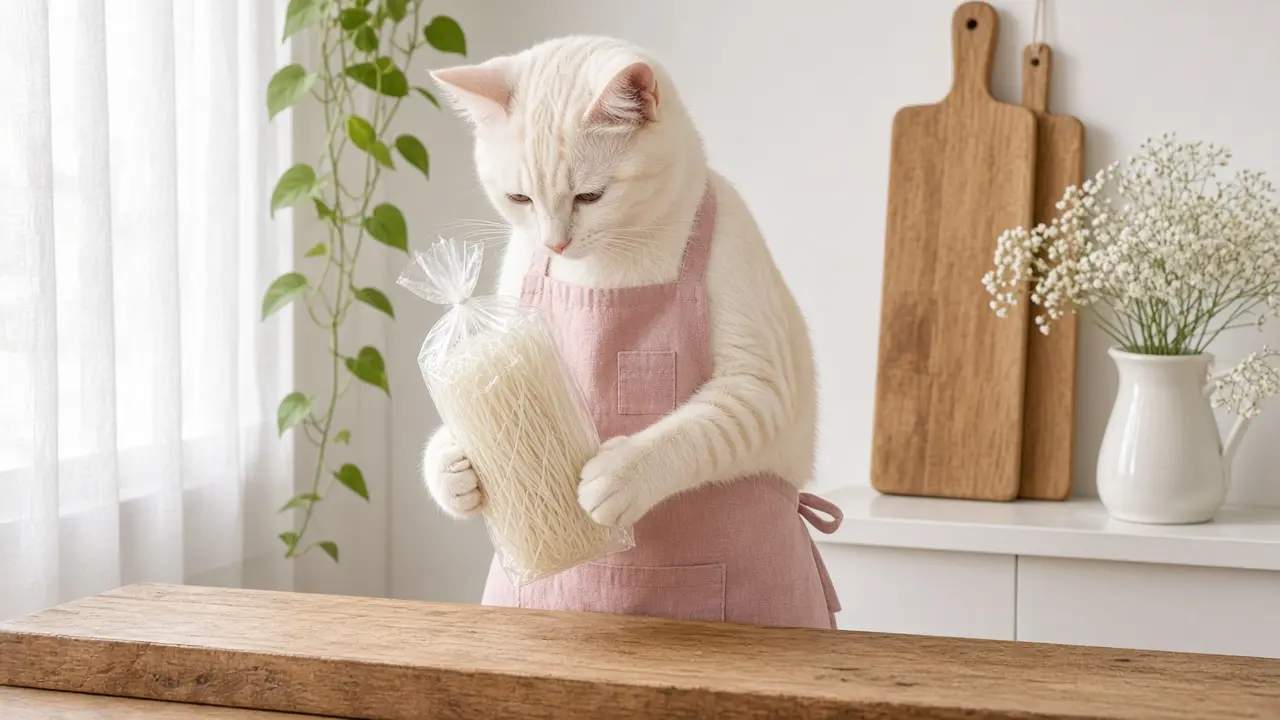 A cream-coloured cat in a pink apron, cooking this dish