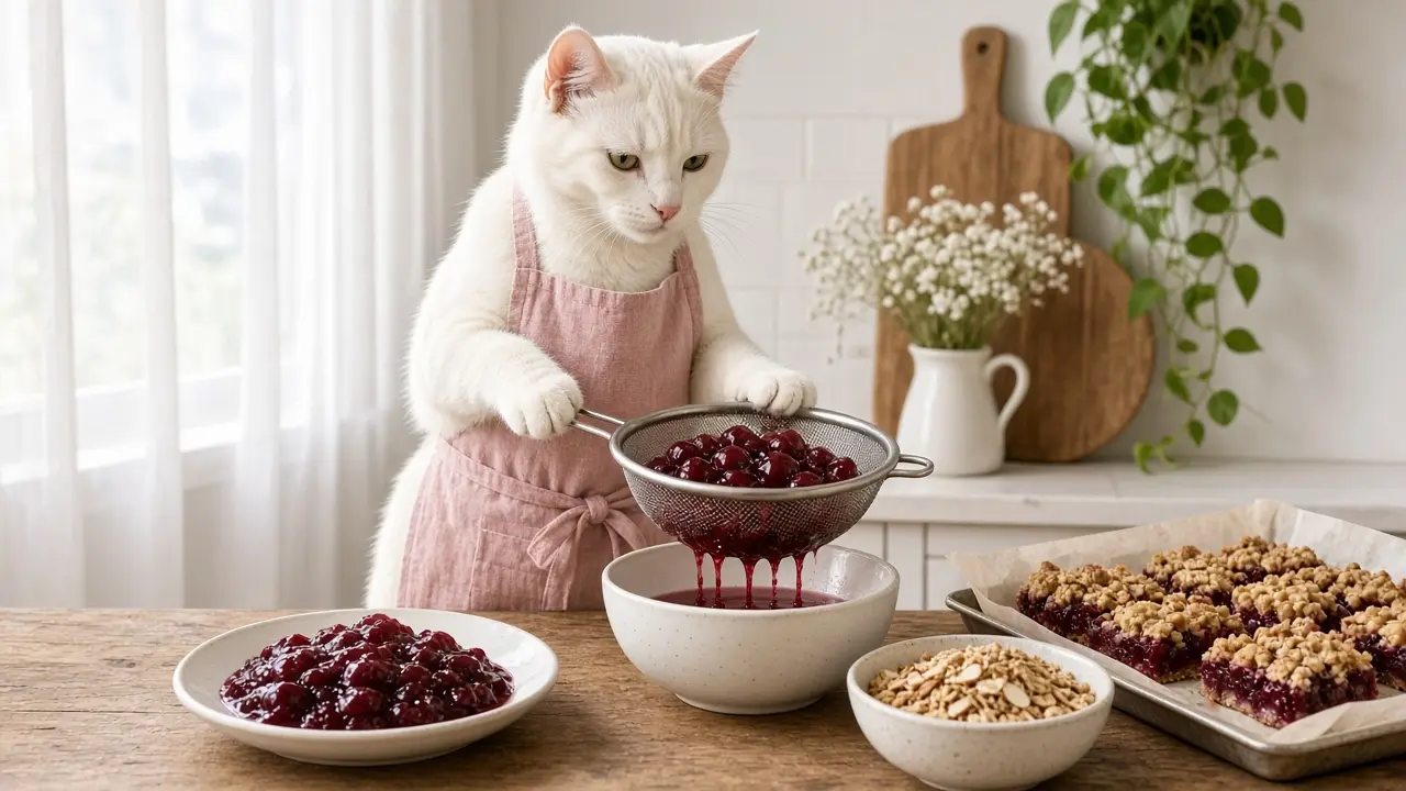 A cream-coloured cat in a pink apron, cooking this dish