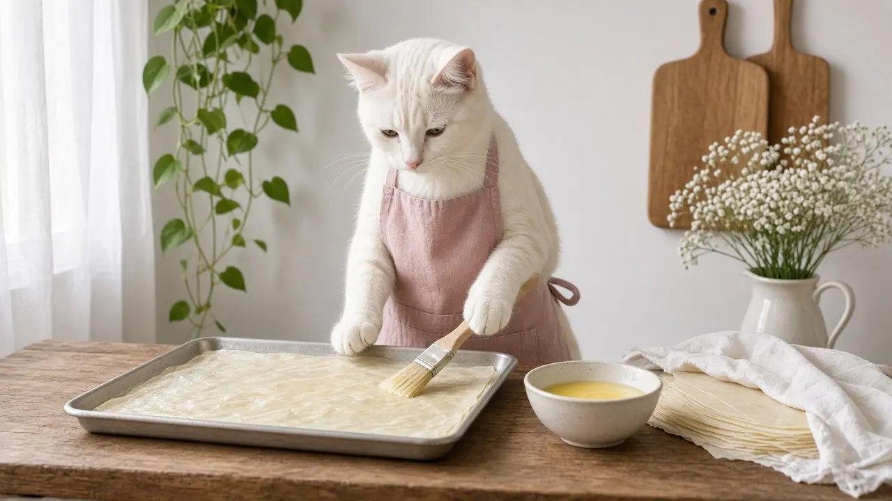 A cream-coloured cat in a pink apron, cooking this dish