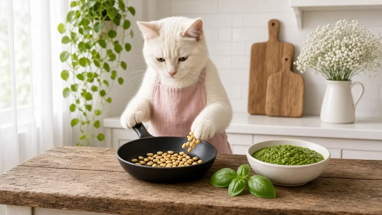 A cream-coloured cat in a pink apron, cooking this dish