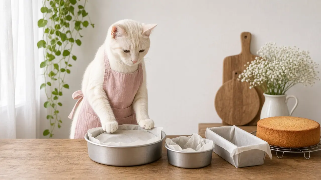 A cream-coloured cat in a pink apron, cooking this dish