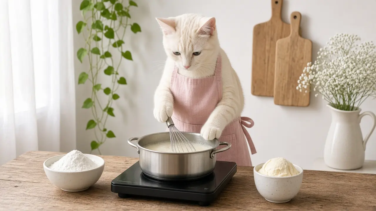 A cream-coloured cat in a pink apron, cooking this dish