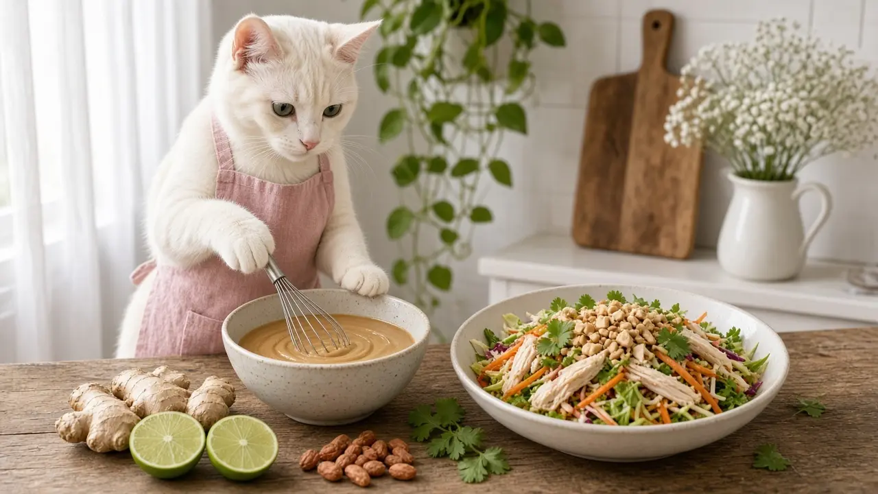 A cream-coloured cat in a pink apron, cooking this dish