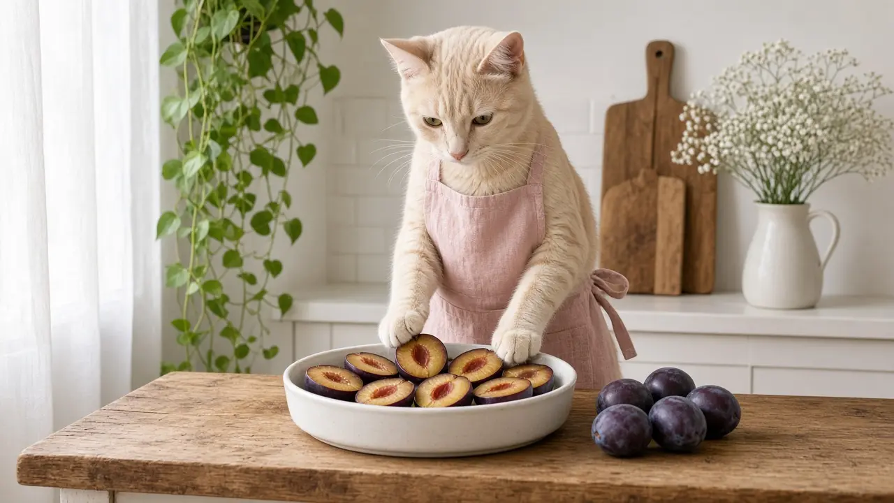 A cream-coloured cat in a pink apron, cooking this dish