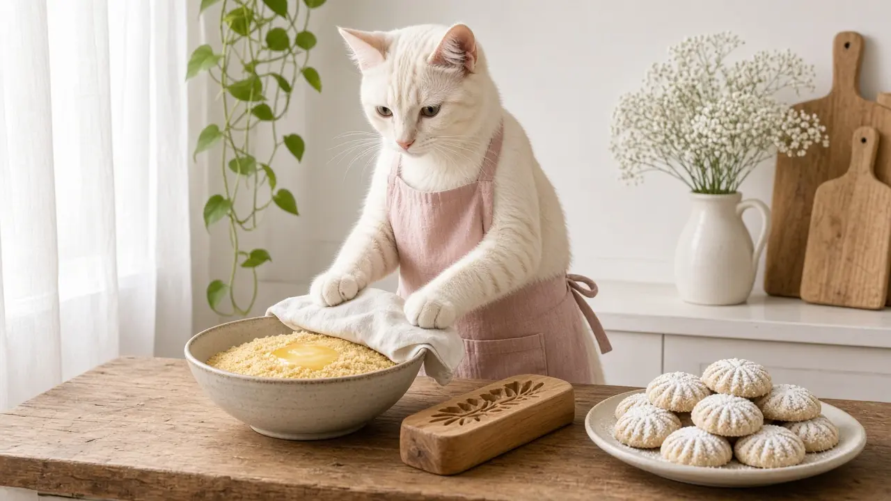 A cream-coloured cat in a pink apron, cooking this dish