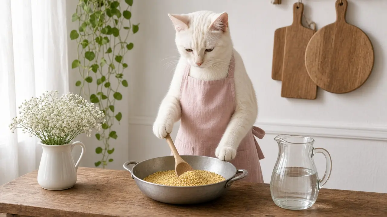 A cream-coloured cat in a pink apron, cooking this dish