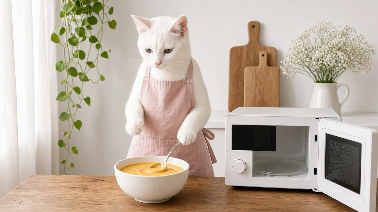 A cream-coloured cat in a pink apron, cooking this dish