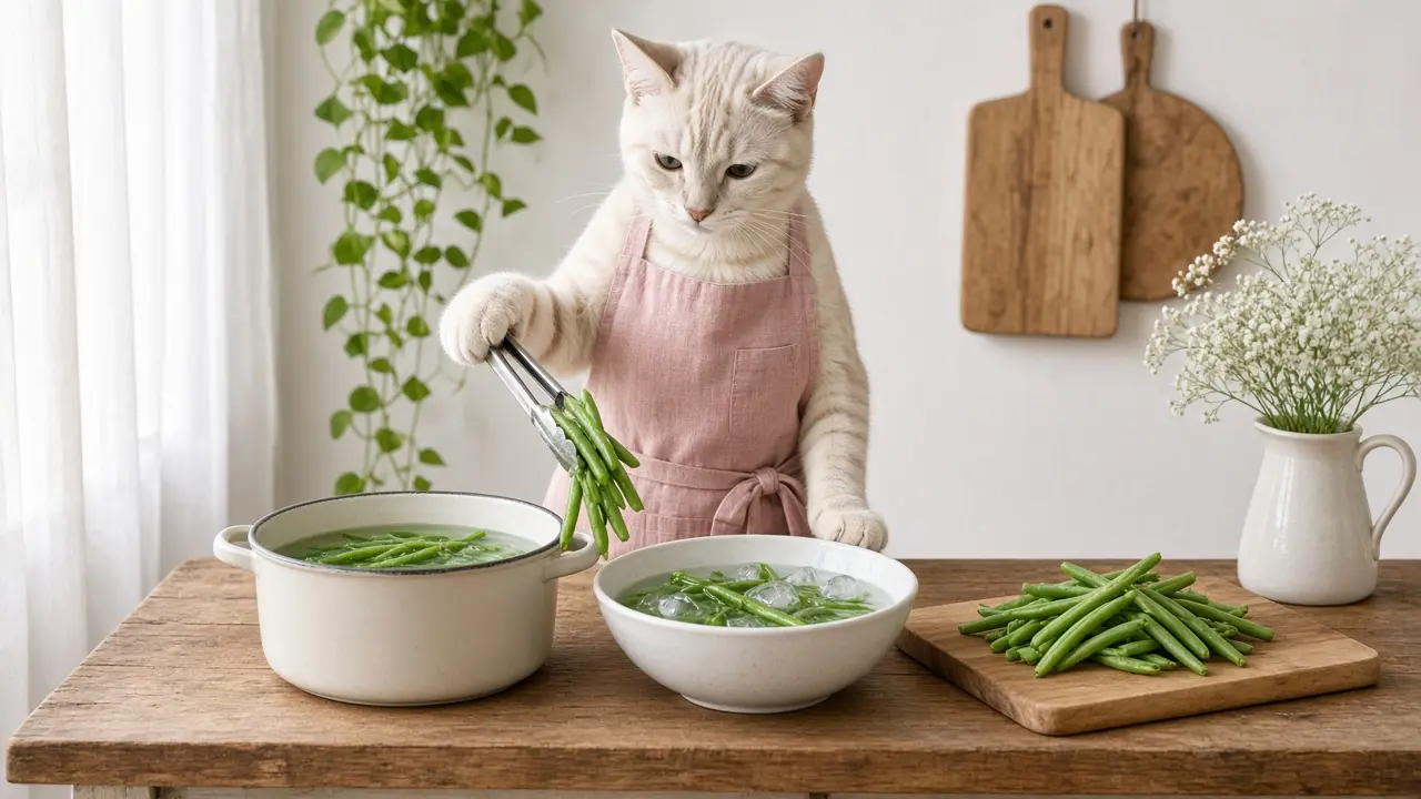 A cream-coloured cat in a pink apron, cooking this dish