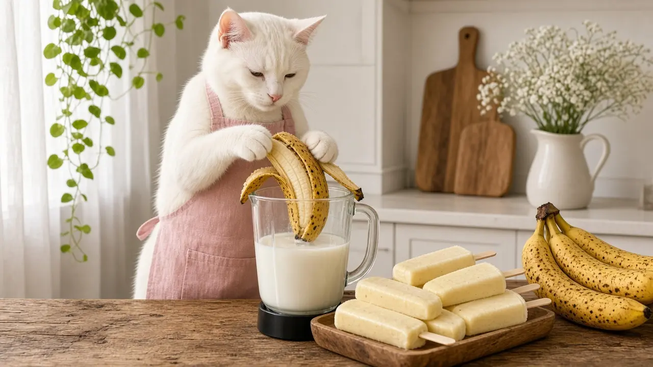 A cream-coloured cat in a pink apron, cooking this dish