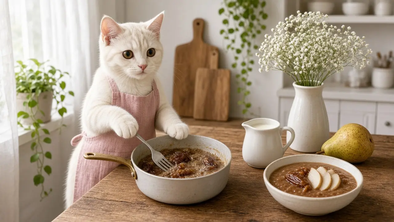 A cream-coloured cat in a pink apron, cooking this dish