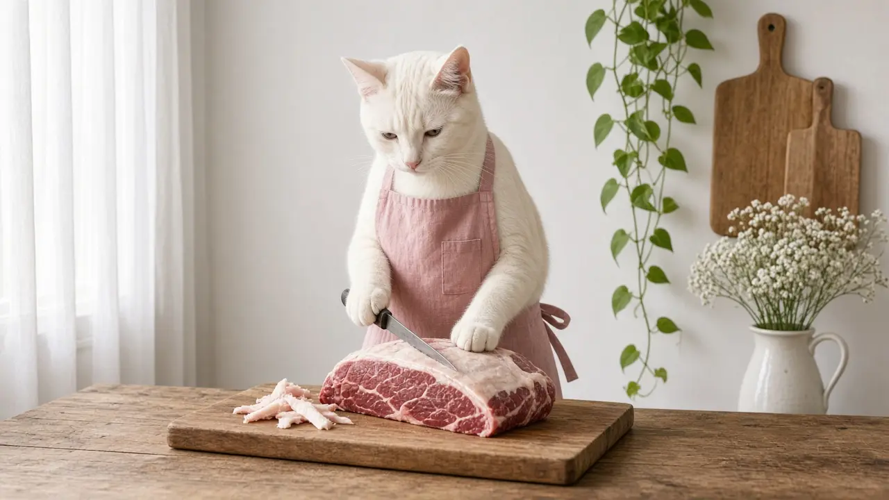 A cream-coloured cat in a pink apron, cooking this dish