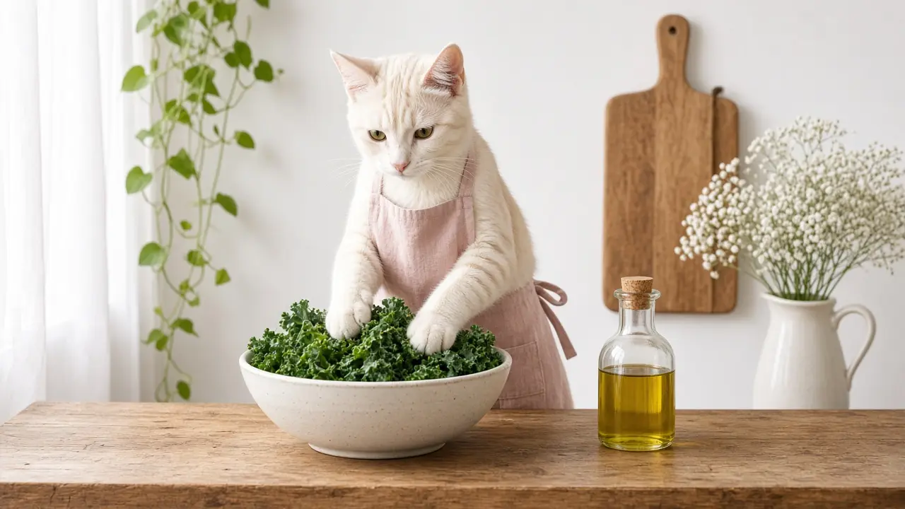 A cream-coloured cat in a pink apron, cooking this dish