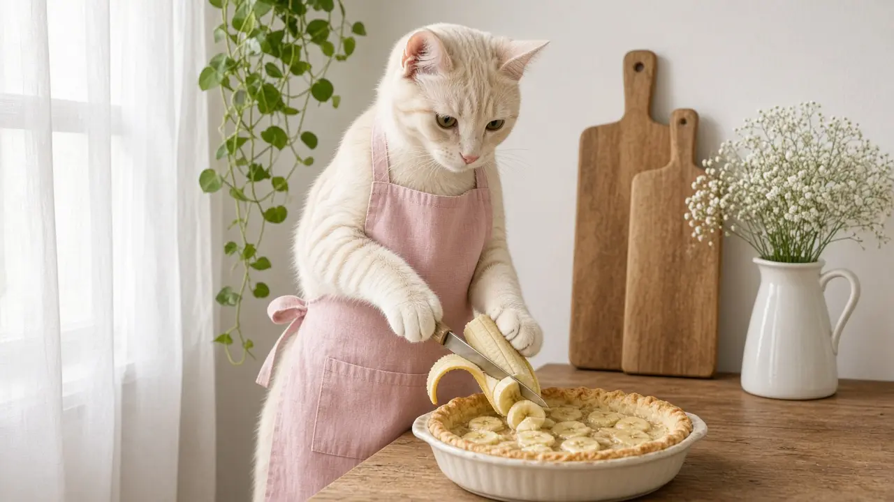 A cream-coloured cat in a pink apron, cooking this dish