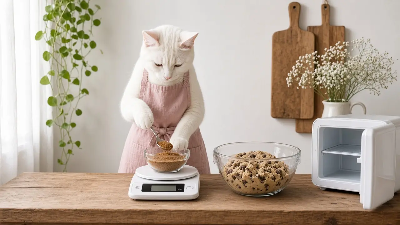 A cream-coloured cat in a pink apron, cooking this dish