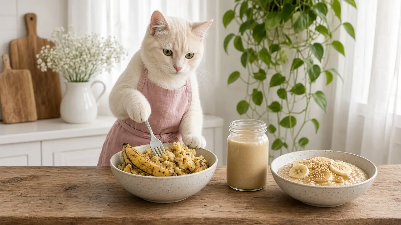 A cream-coloured cat in a pink apron, cooking this dish