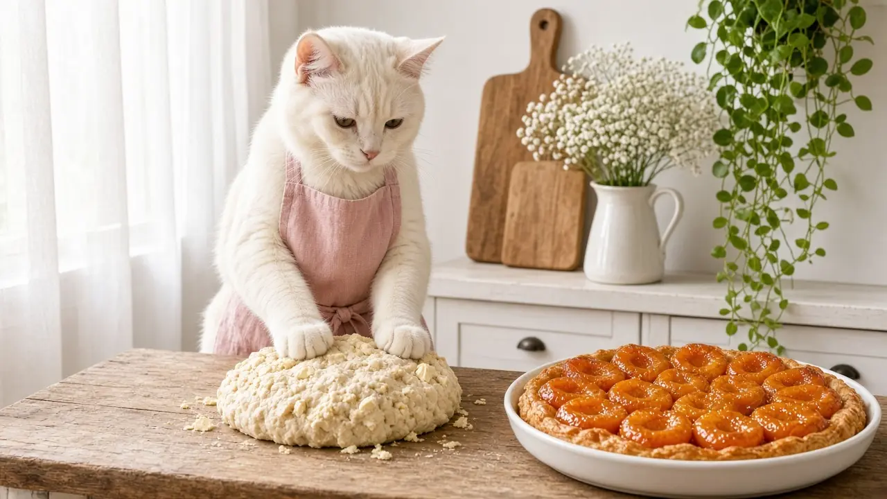 A cream-coloured cat in a pink apron, cooking this dish