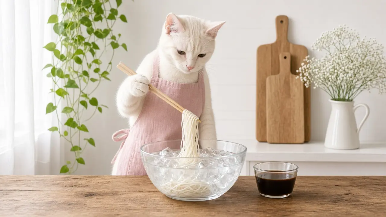 A cream-coloured cat in a pink apron, cooking this dish