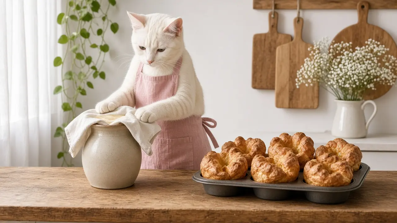 A cream-coloured cat in a pink apron, cooking this dish