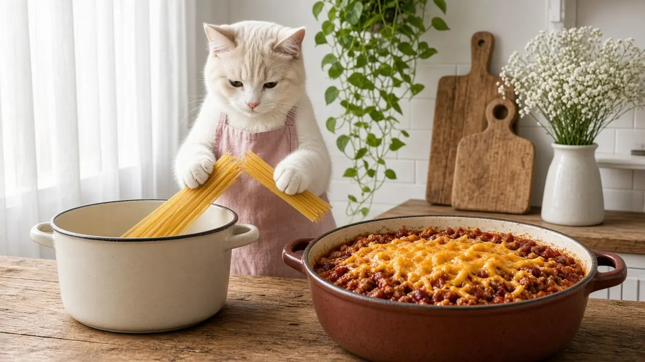 A cream-coloured cat in a pink apron, cooking this dish