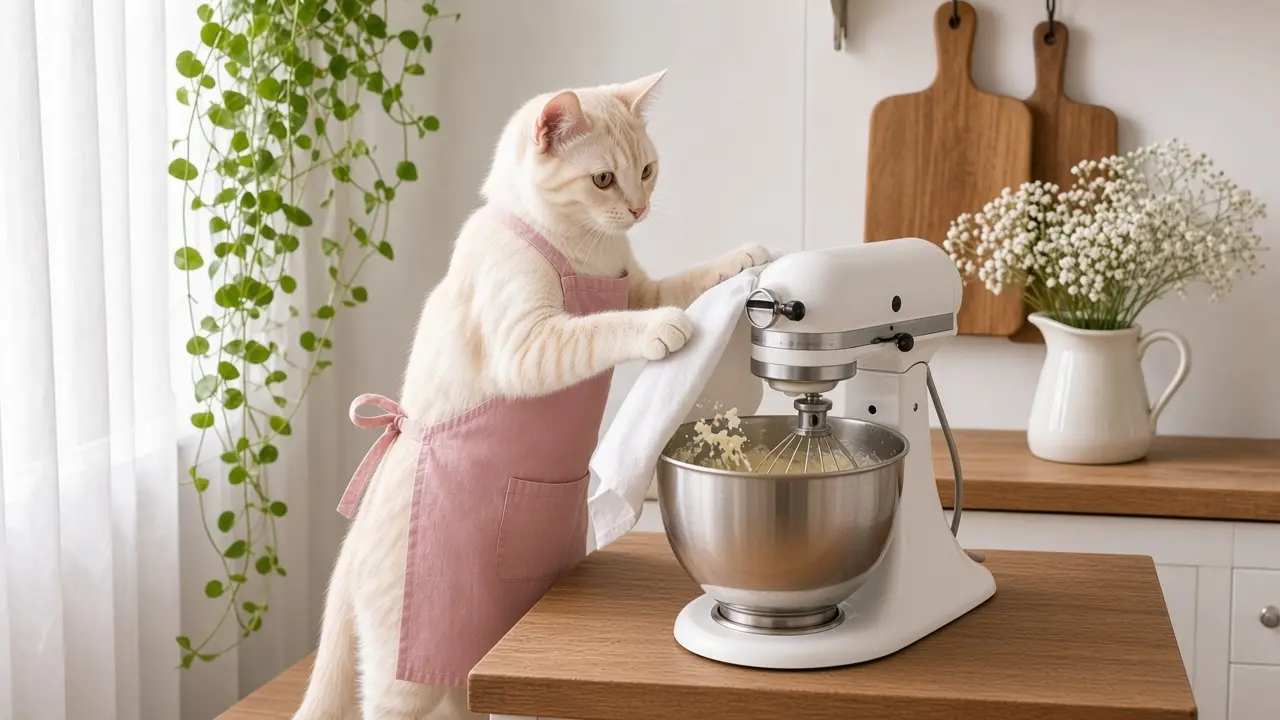 A cream-coloured cat in a pink apron, cooking this dish