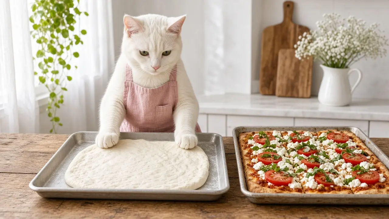 A cream-coloured cat in a pink apron, cooking this dish