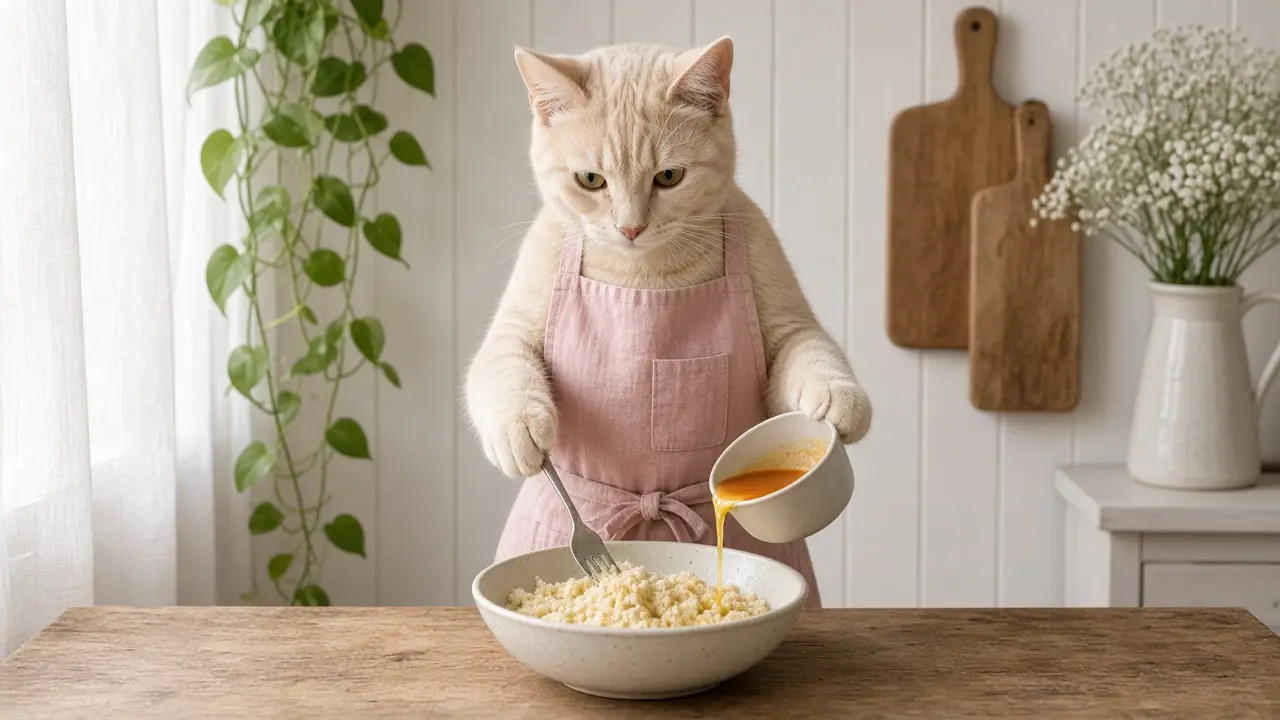 A cream-coloured cat in a pink apron, cooking this dish