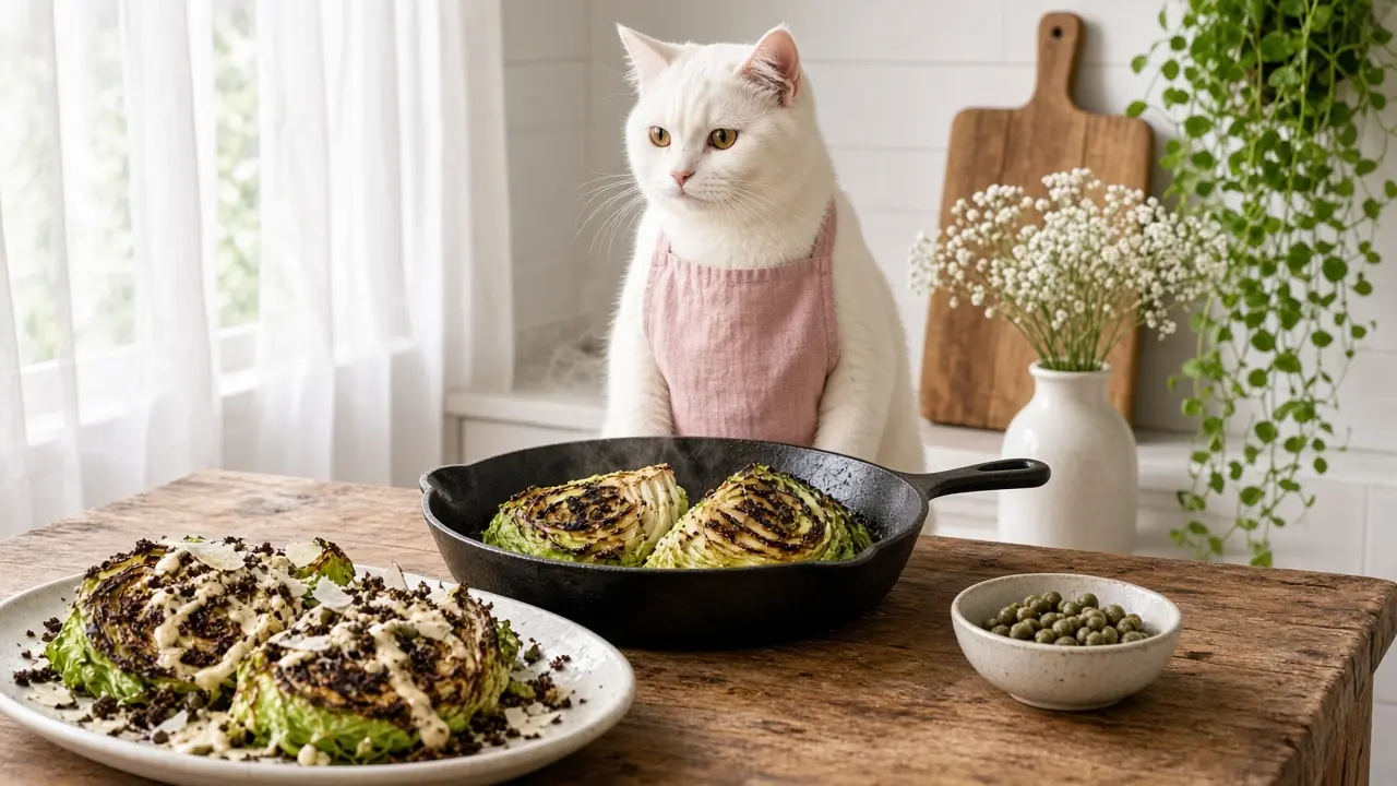 A cream-coloured cat in a pink apron, cooking this dish
