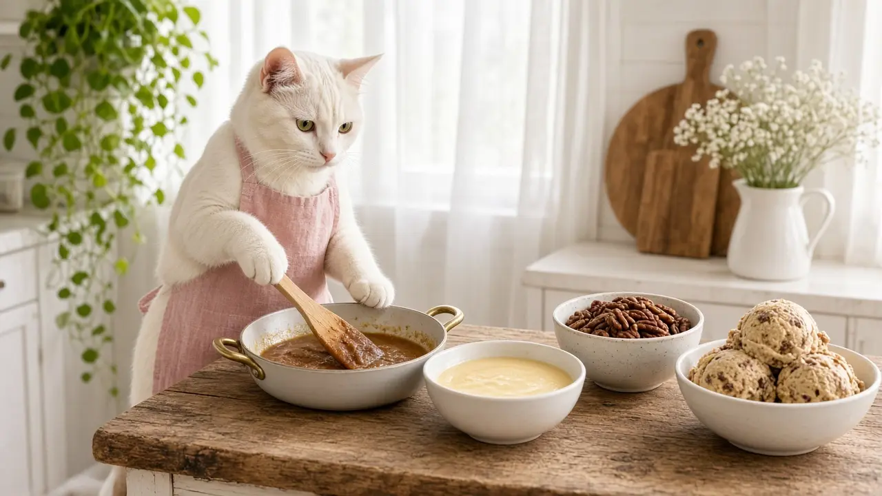 A cream-coloured cat in a pink apron, cooking this dish
