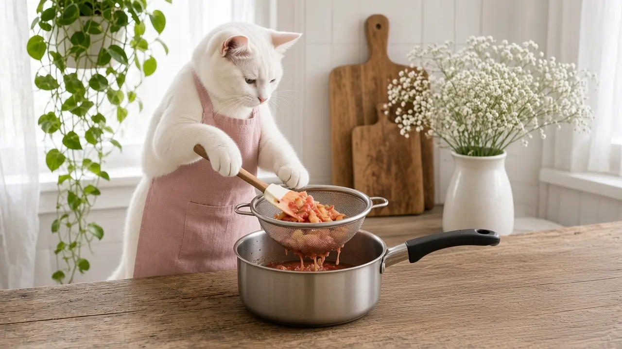 A cream-coloured cat in a pink apron, cooking this dish