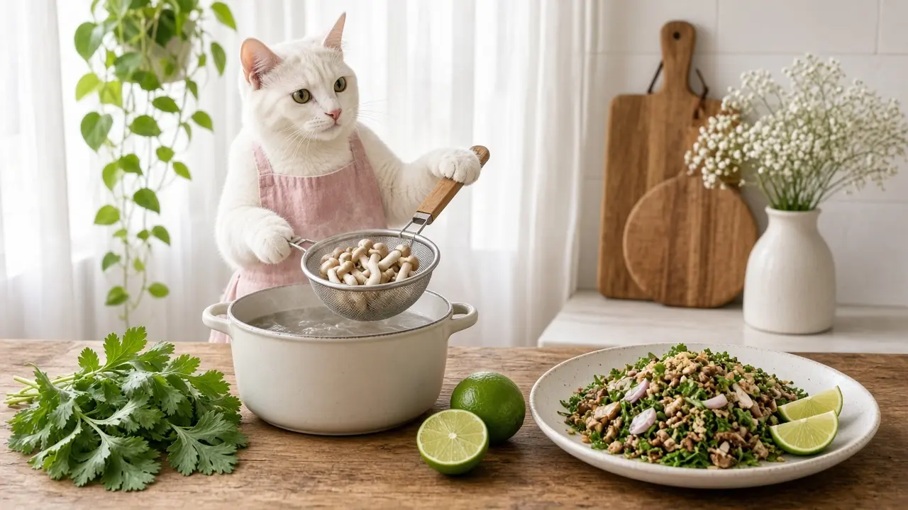 A cream-coloured cat in a pink apron, cooking this dish