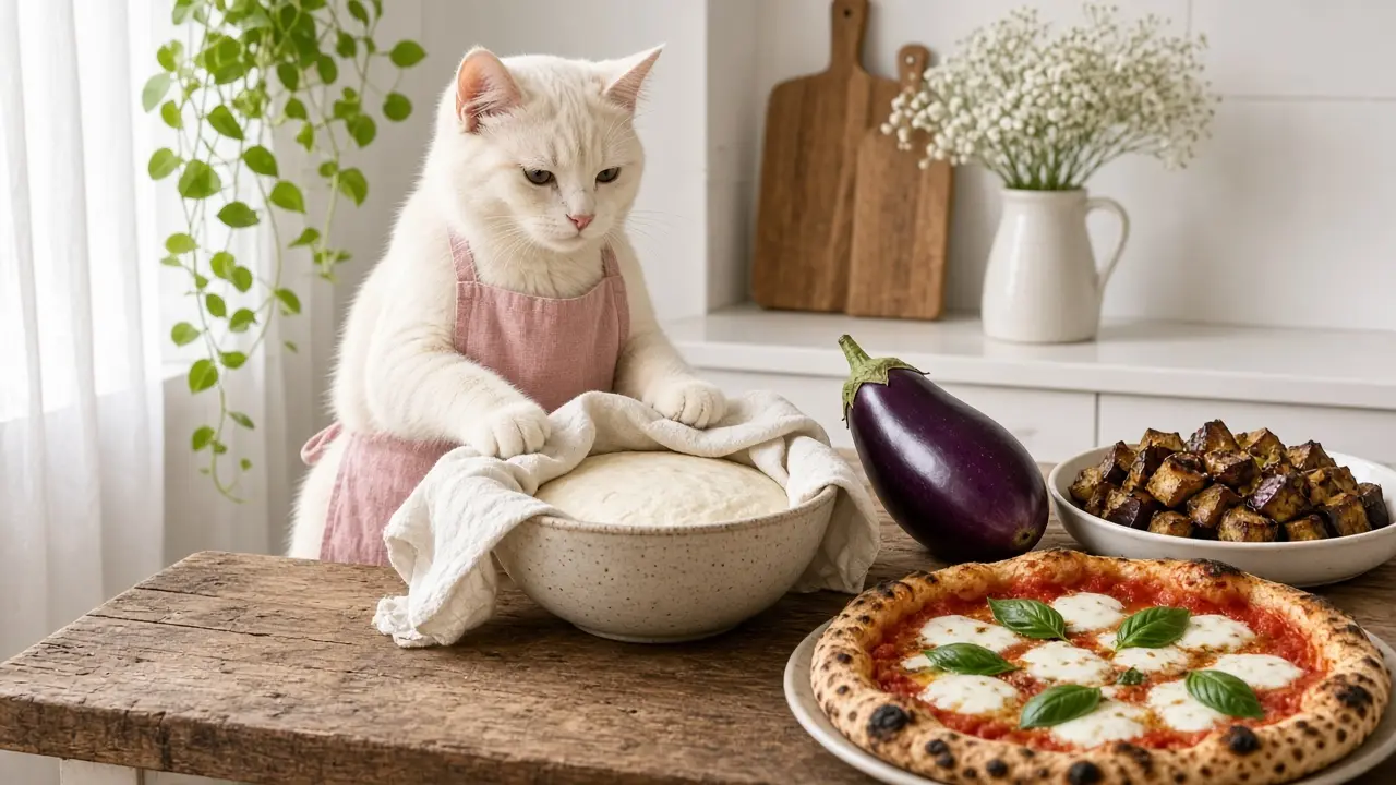 A cream-coloured cat in a pink apron, cooking this dish