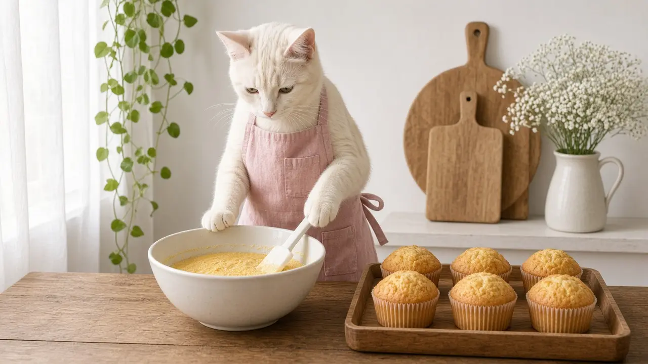 A cream-coloured cat in a pink apron, cooking this dish