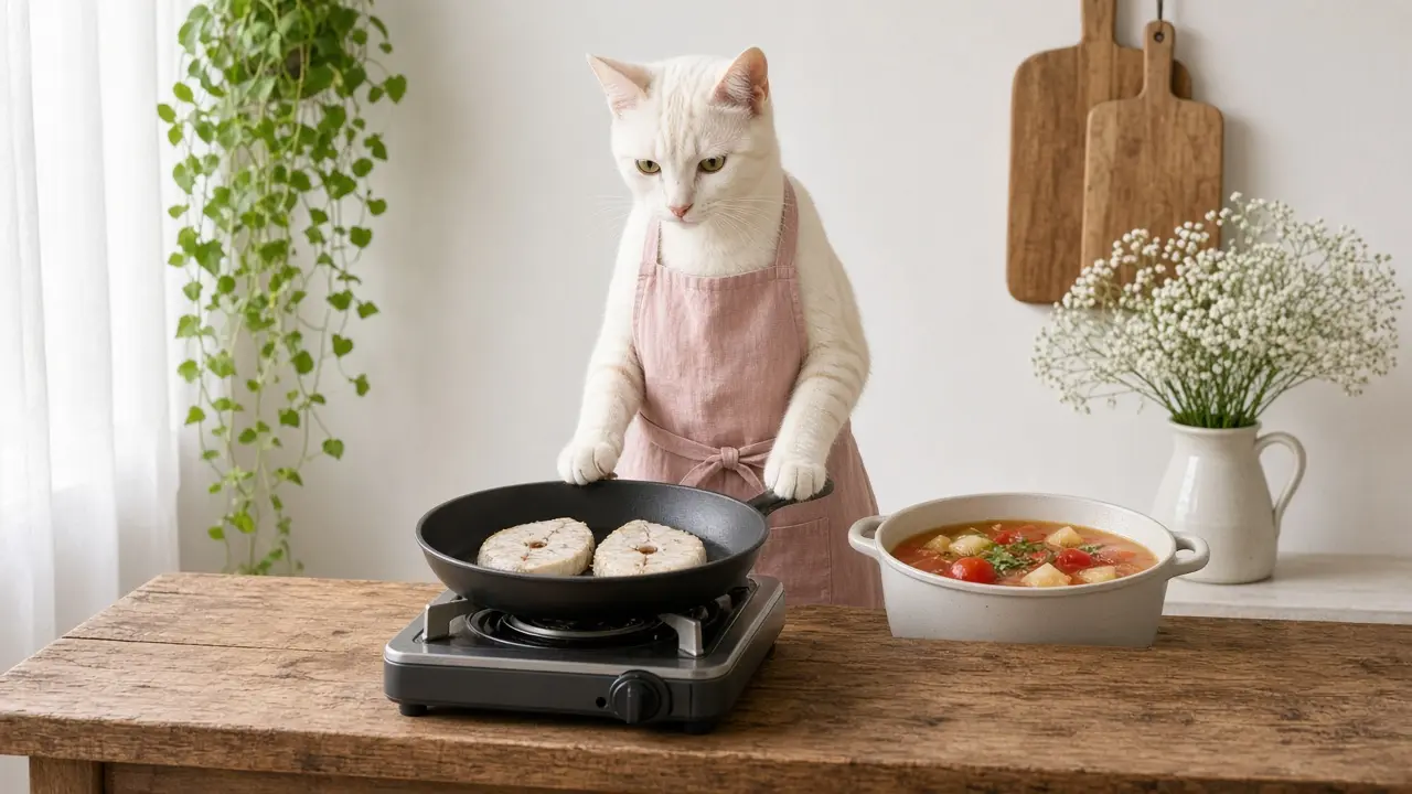 A cream-coloured cat in a pink apron, cooking this dish