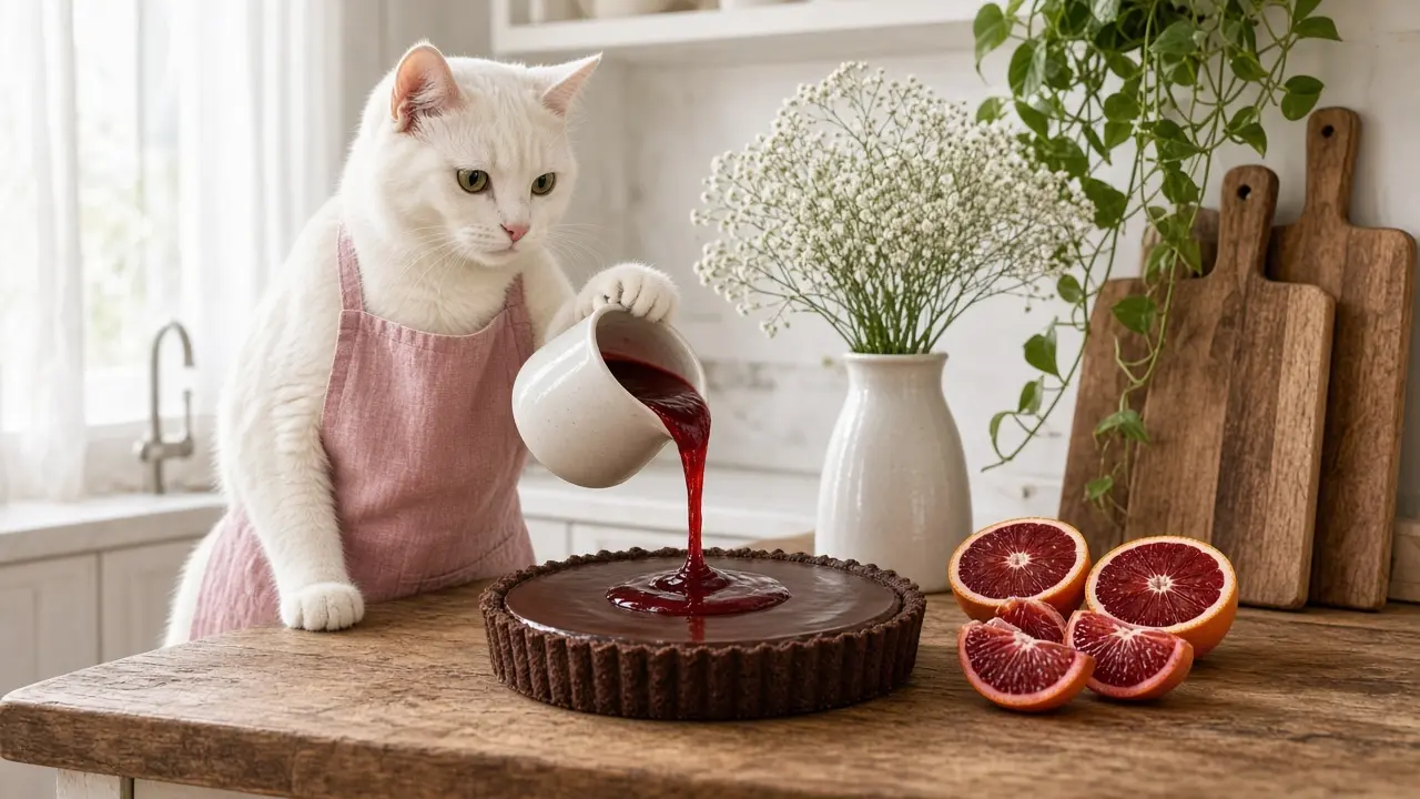 A cream-coloured cat in a pink apron, cooking this dish
