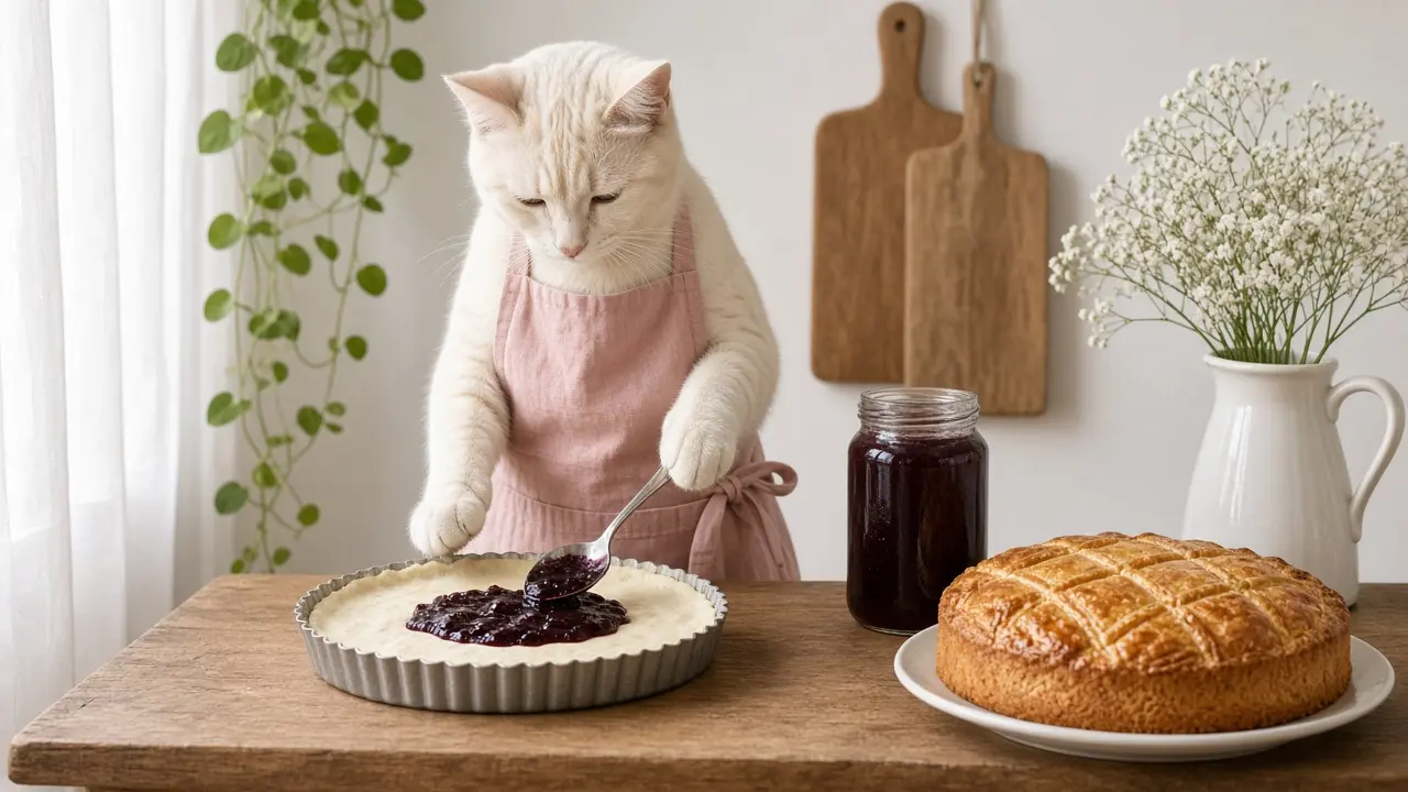 A cream-coloured cat in a pink apron, cooking this dish
