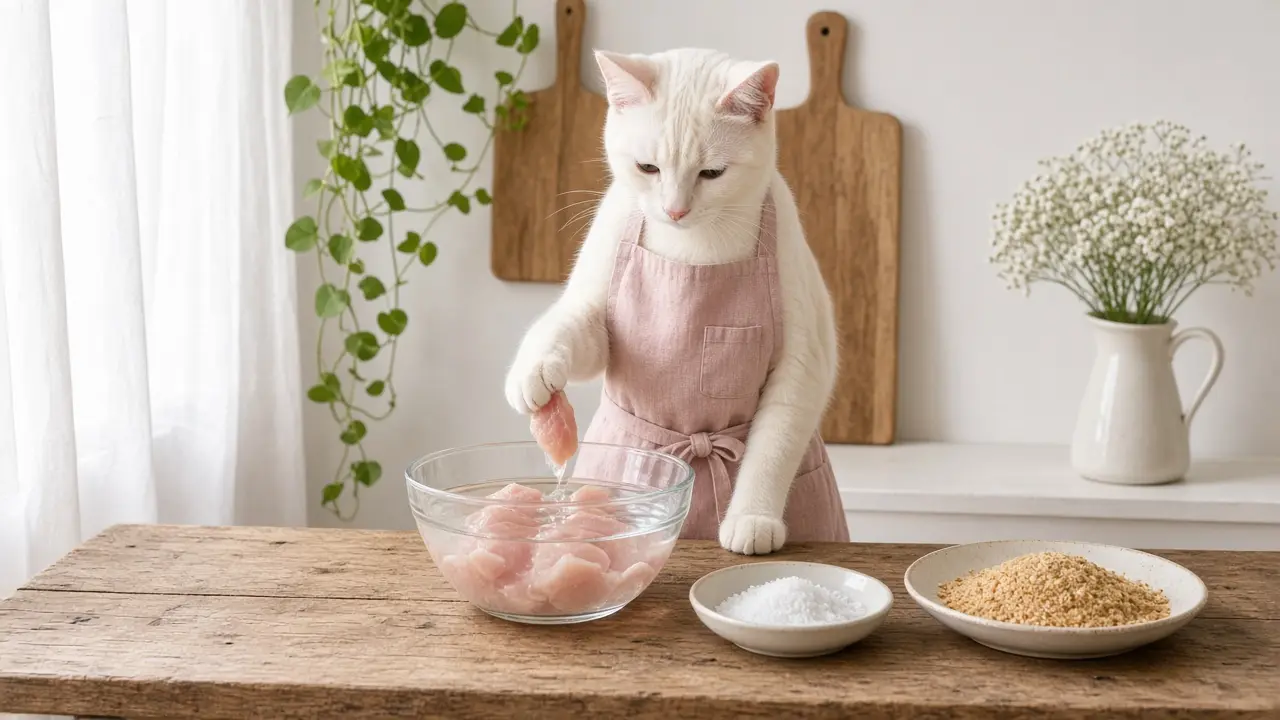 A cream-coloured cat in a pink apron, cooking this dish