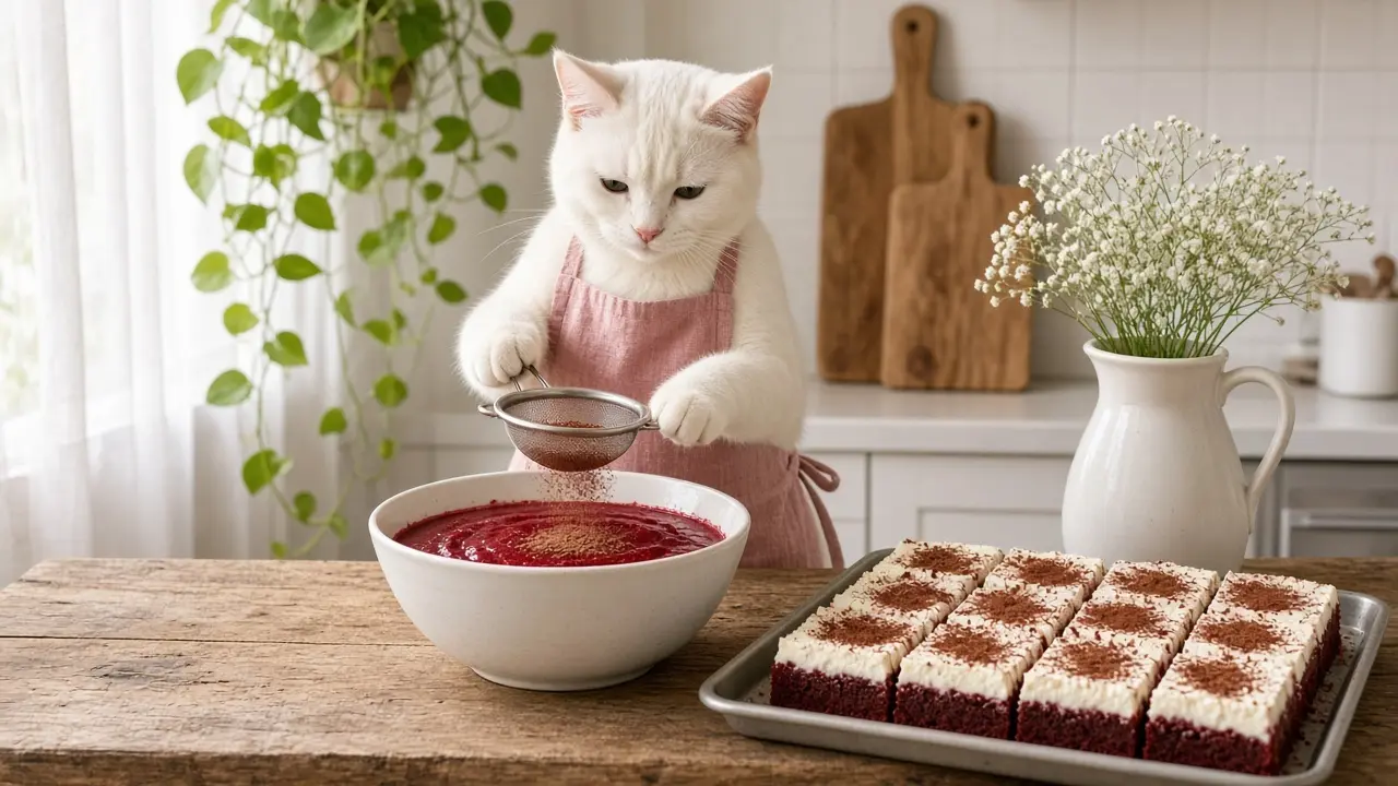 A cream-coloured cat in a pink apron, cooking this dish