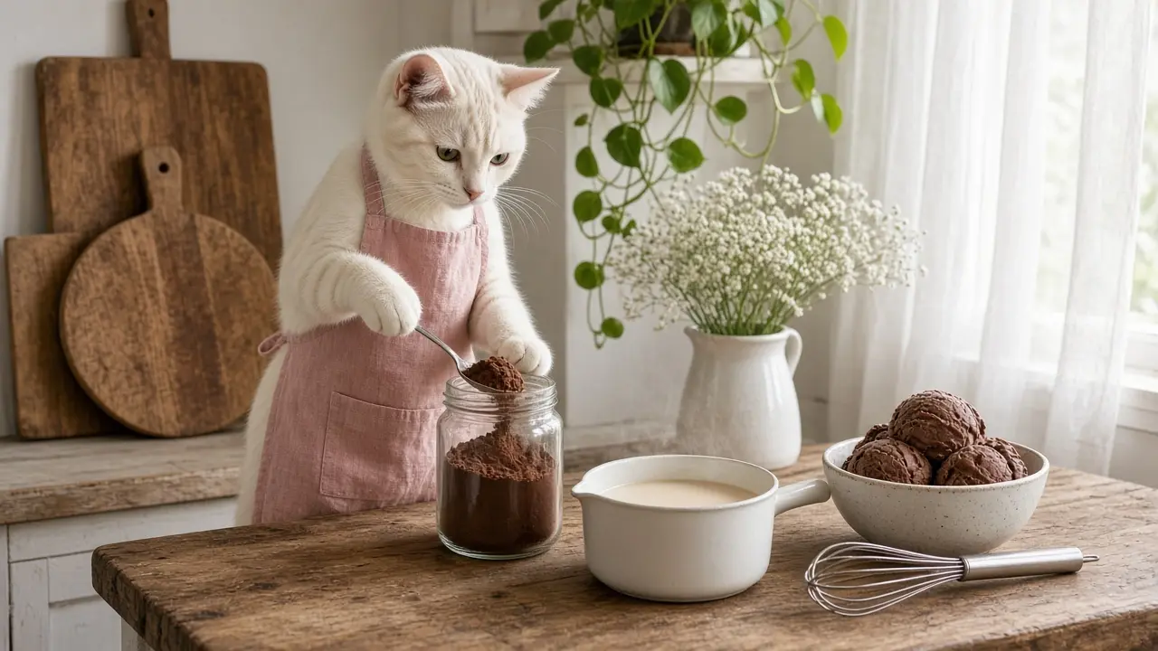 A cream-coloured cat in a pink apron, cooking this dish