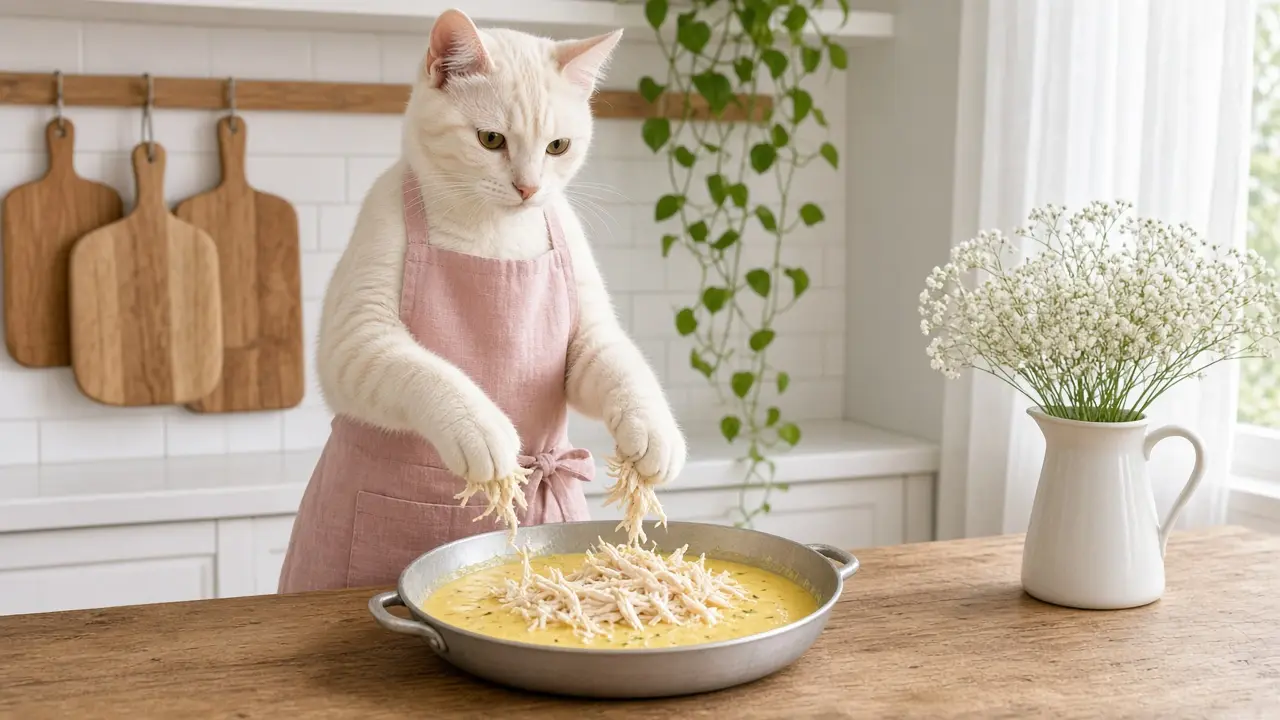 A cream-coloured cat in a pink apron, cooking this dish