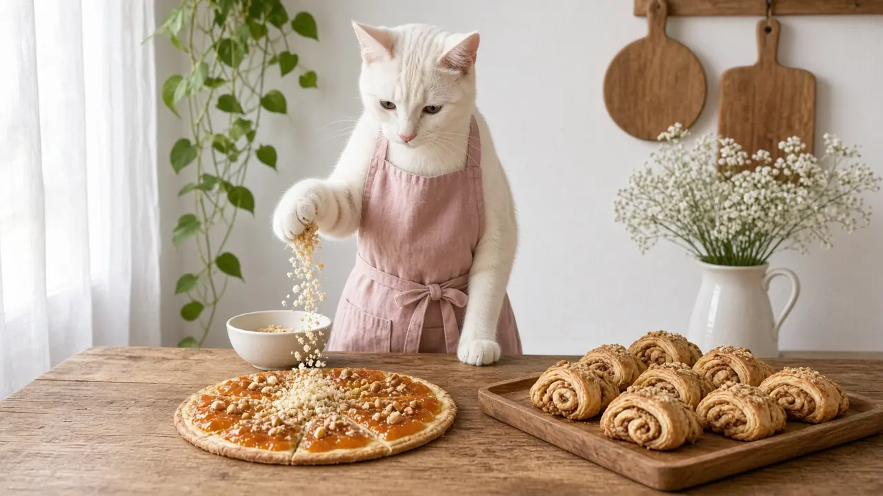 A cream-coloured cat in a pink apron, cooking this dish