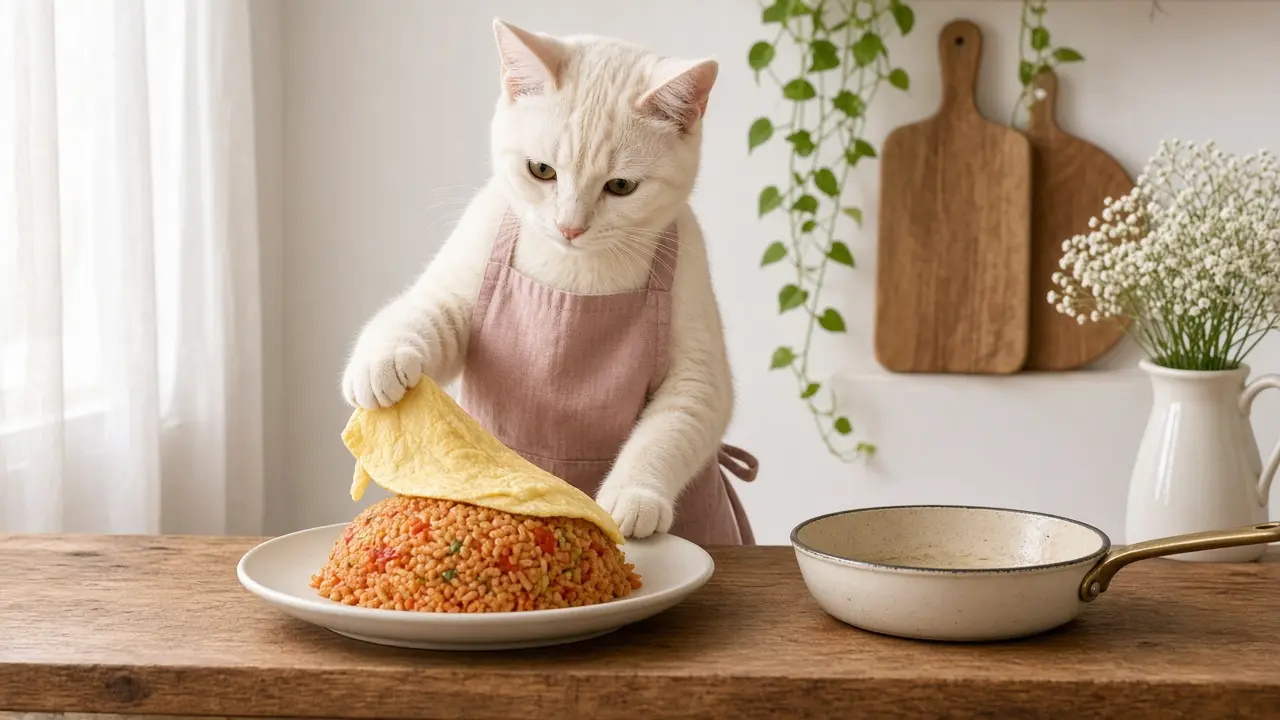 A cream-coloured cat in a pink apron, cooking this dish