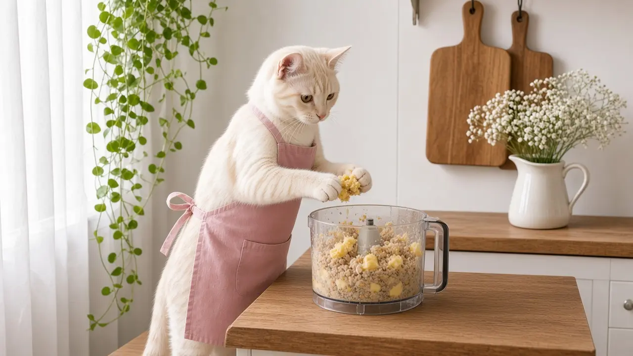 A cream-coloured cat in a pink apron, cooking this dish