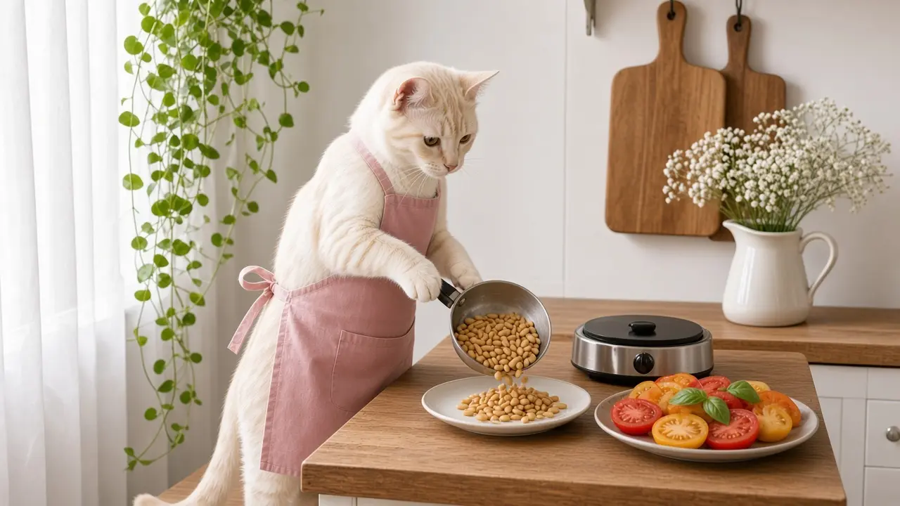 A cream-coloured cat in a pink apron, cooking this dish